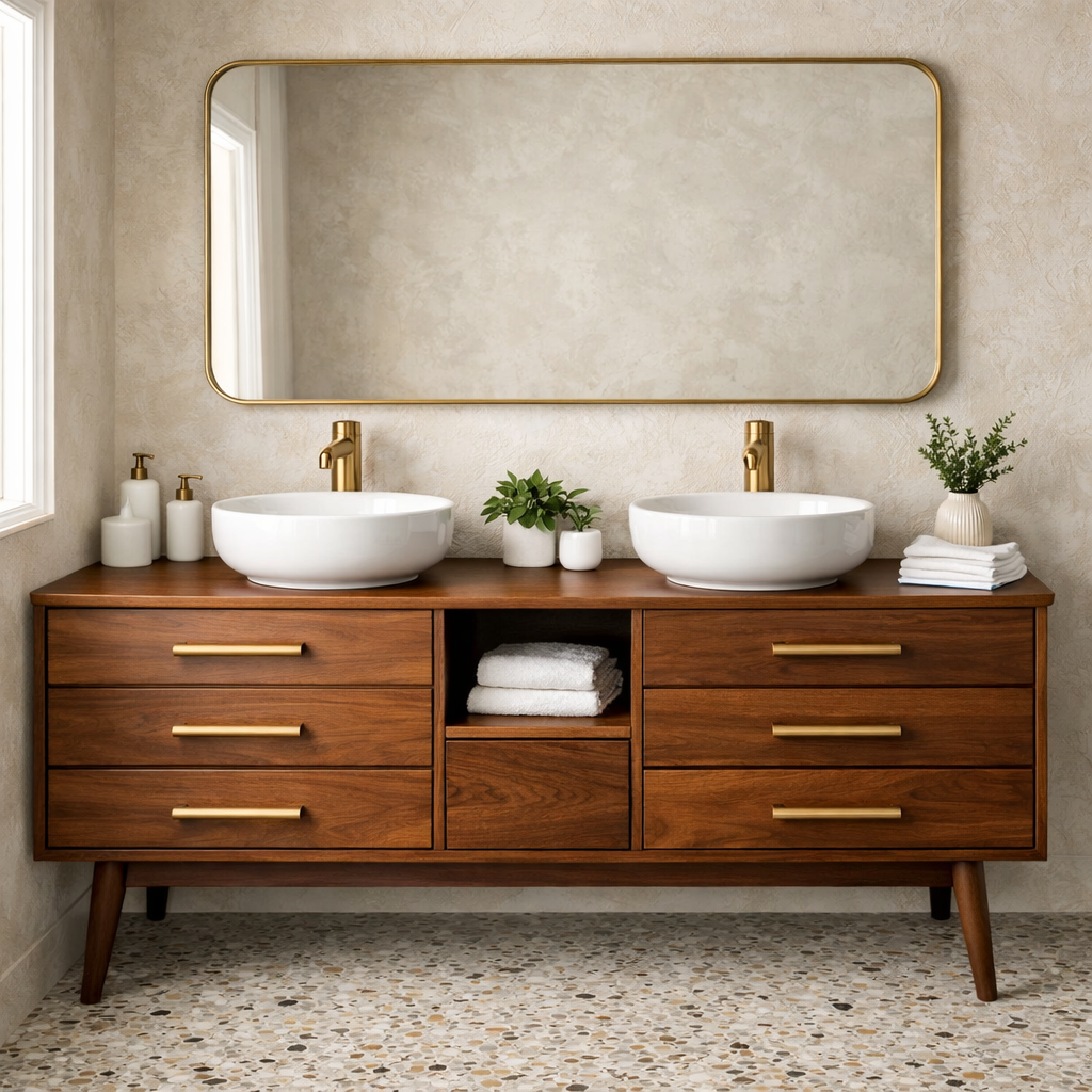 Symmetrical 6-Drawer Freestanding Vanity - Handcrafted Solid Wood Double Console Kitchnce