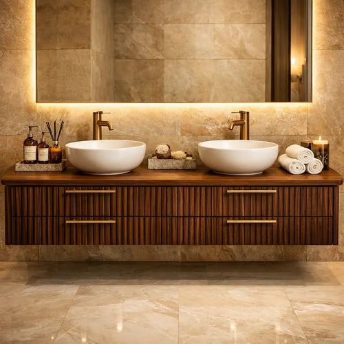 Floating Bathroom Vanity with Fluted Wood Front and Four Drawer Storage Design Kitchnce