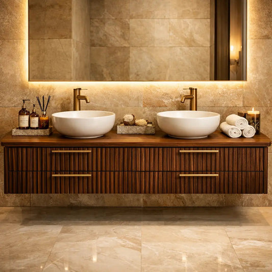 Floating Bathroom Vanity with Fluted Wood Front and Four Drawer Storage Design Kitchnce