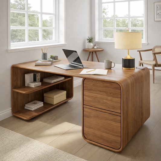 Modern L-Shaped Solid Wood Desk with Curved Silhouette and Integrated Storage