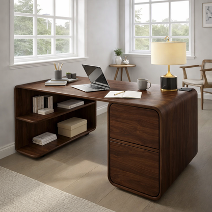 Modern L-Shaped Solid Wood Desk with Curved Silhouette and Integrated Storage