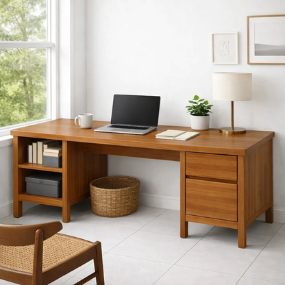Solid Wood Executive Desk with Integrated Storage Drawers and Open Shelving