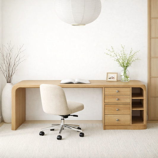 Solid Wood Waterfall Desk with Integrated Storage Drawers and Open Shelf