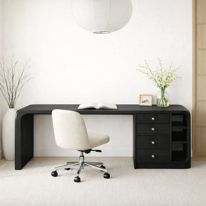 Solid Wood Waterfall Desk with Integrated Storage Drawers and Open Shelf