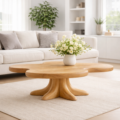 Solid Wood Coffee Table with Sculpted Flower Silhouette and Root Base