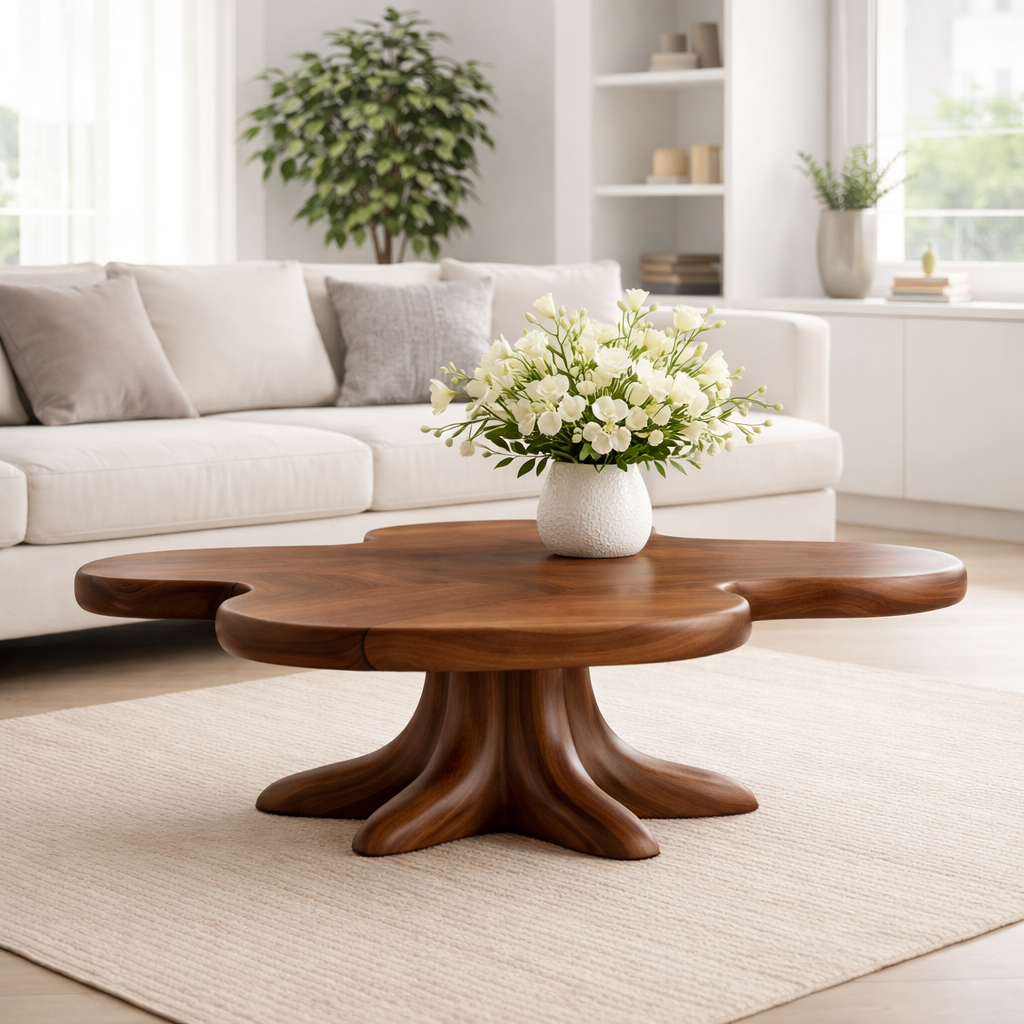 Solid Wood Coffee Table with Sculpted Flower Silhouette and Root Base