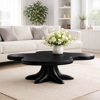 Solid Wood Coffee Table with Sculpted Flower Silhouette and Root Base