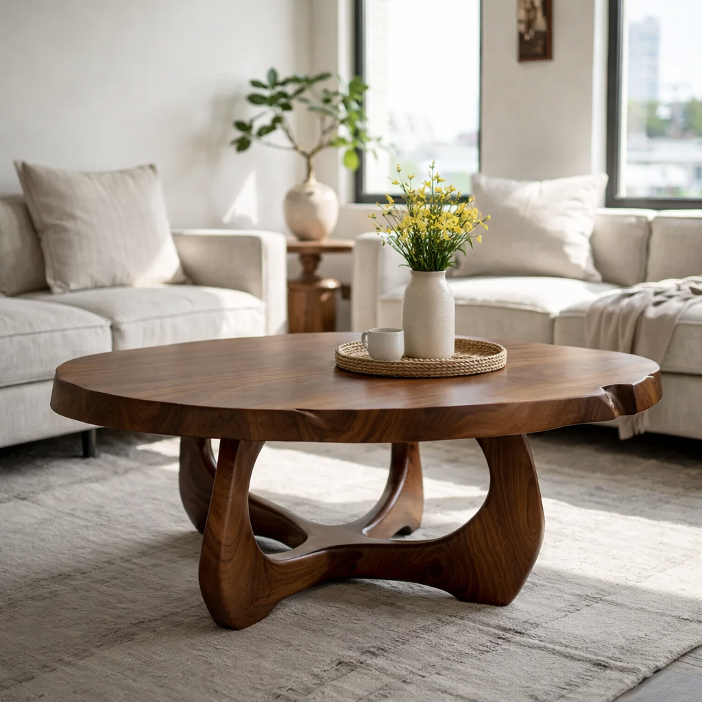 Modern Round Solid Wood Coffee Table with Sculptural Pedestal Base