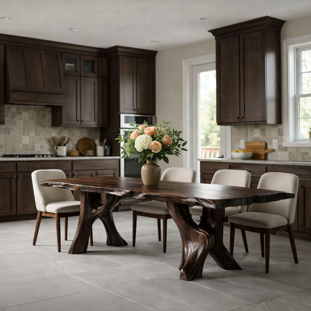 Solid Wood Live Edge Dining Table with Sculpted Organic Pedestal Legs