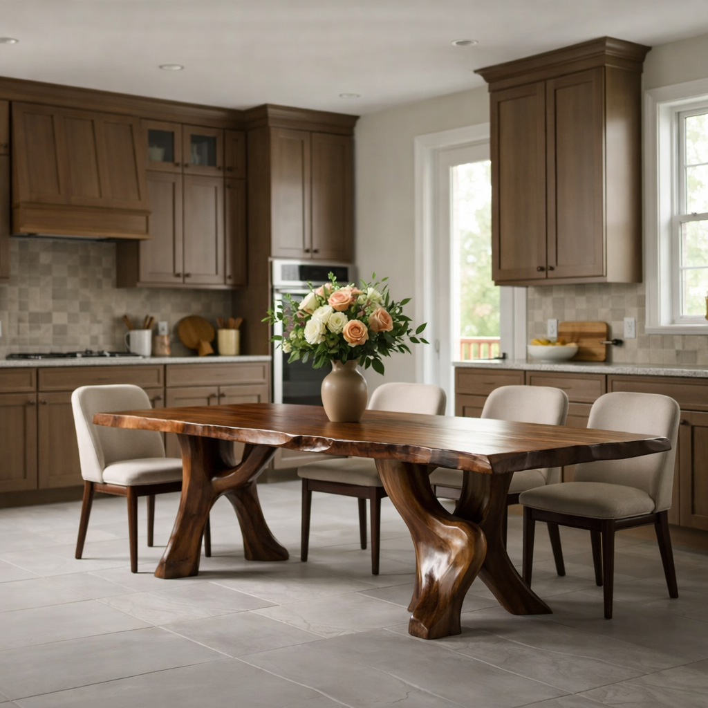 Solid Wood Live Edge Dining Table with Sculpted Organic Pedestal Legs