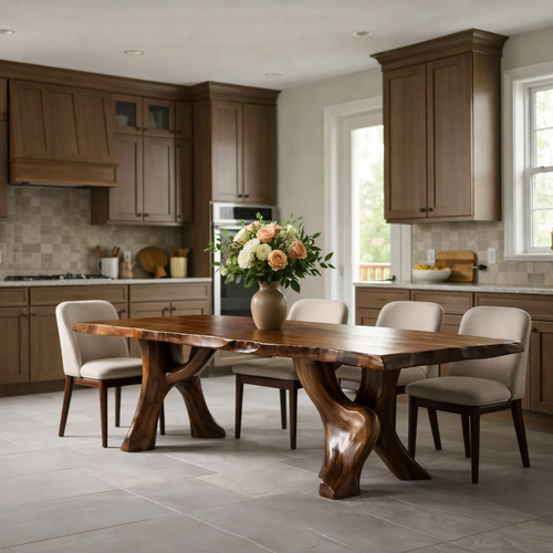 Solid Wood Live Edge Dining Table with Sculpted Organic Pedestal Legs