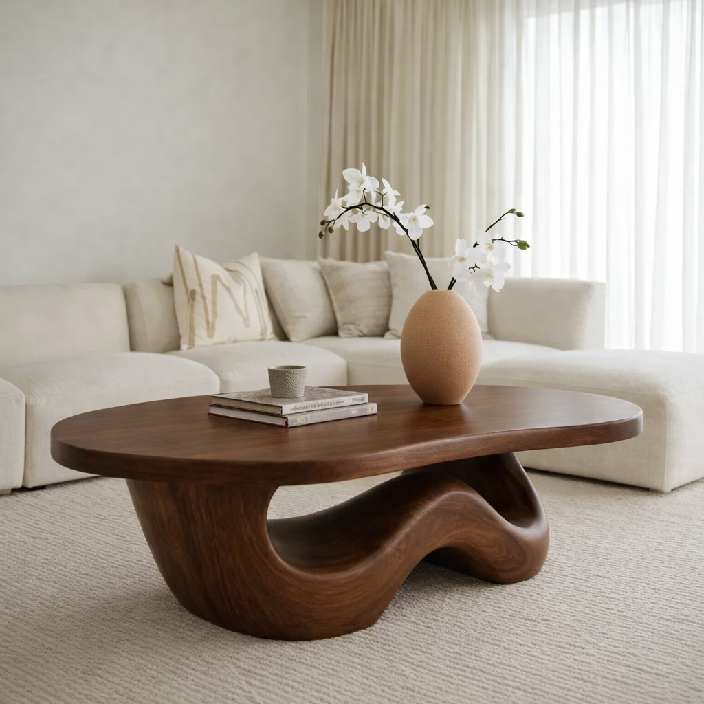 Solid Wood Coffee Table with Sculpted Organic Wave Base