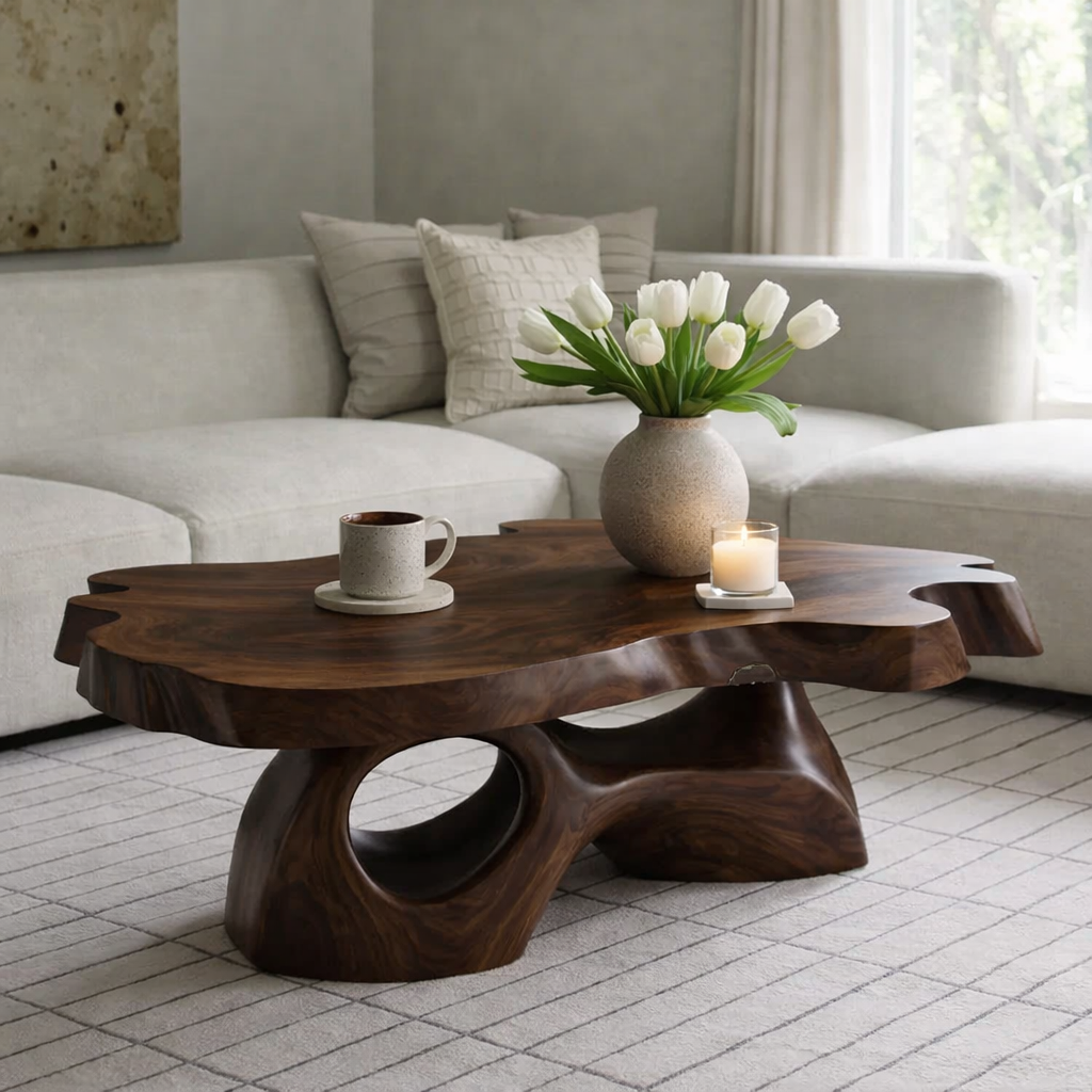 Solid Wood Live Edge Coffee Table with Sculpted Organic Base