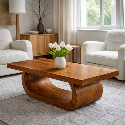 Solid Wood Coffee Table for Living Room with Curved Sculptural Base