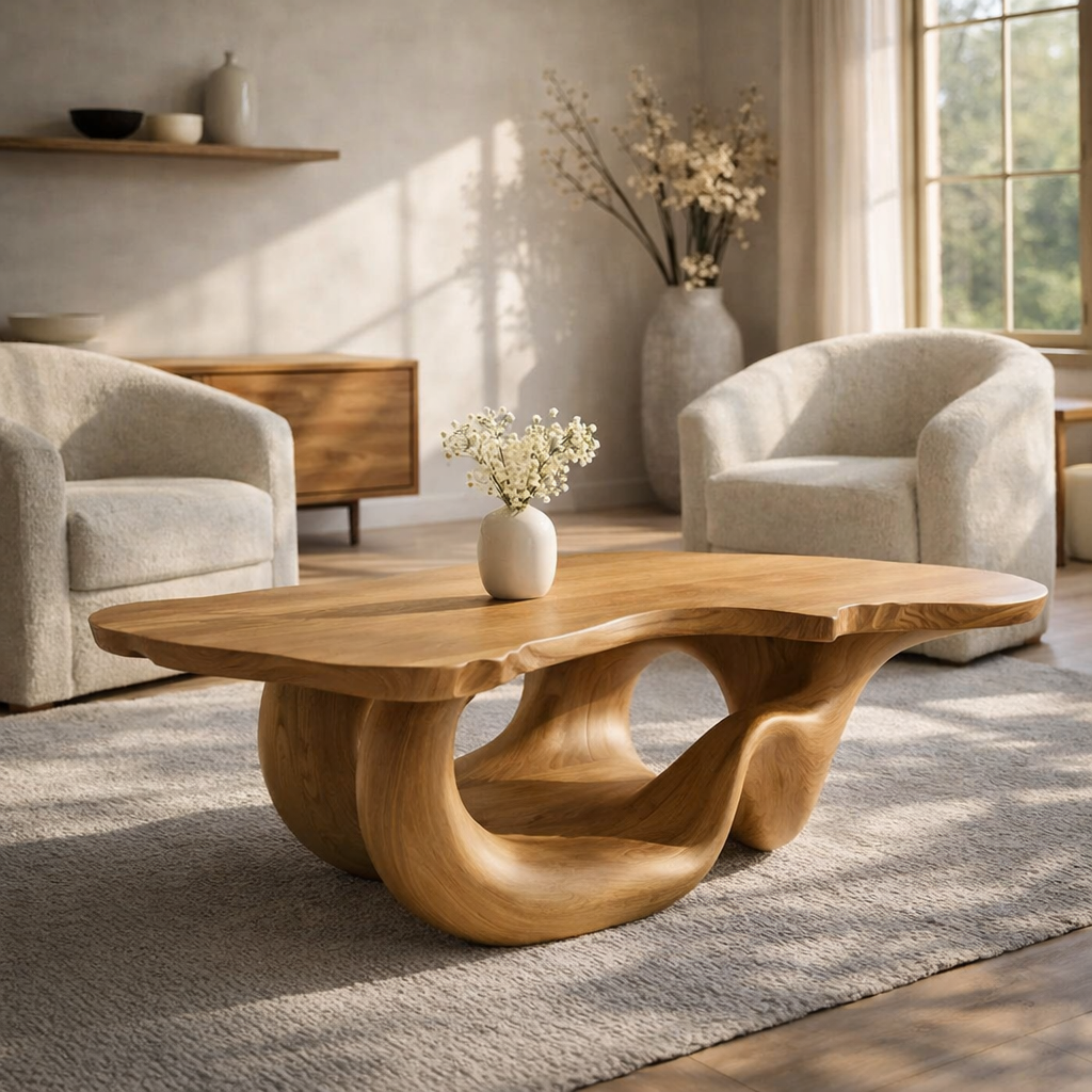 Solid Wood Live Edge Coffee Table for Modern Living Space with Sculptu
