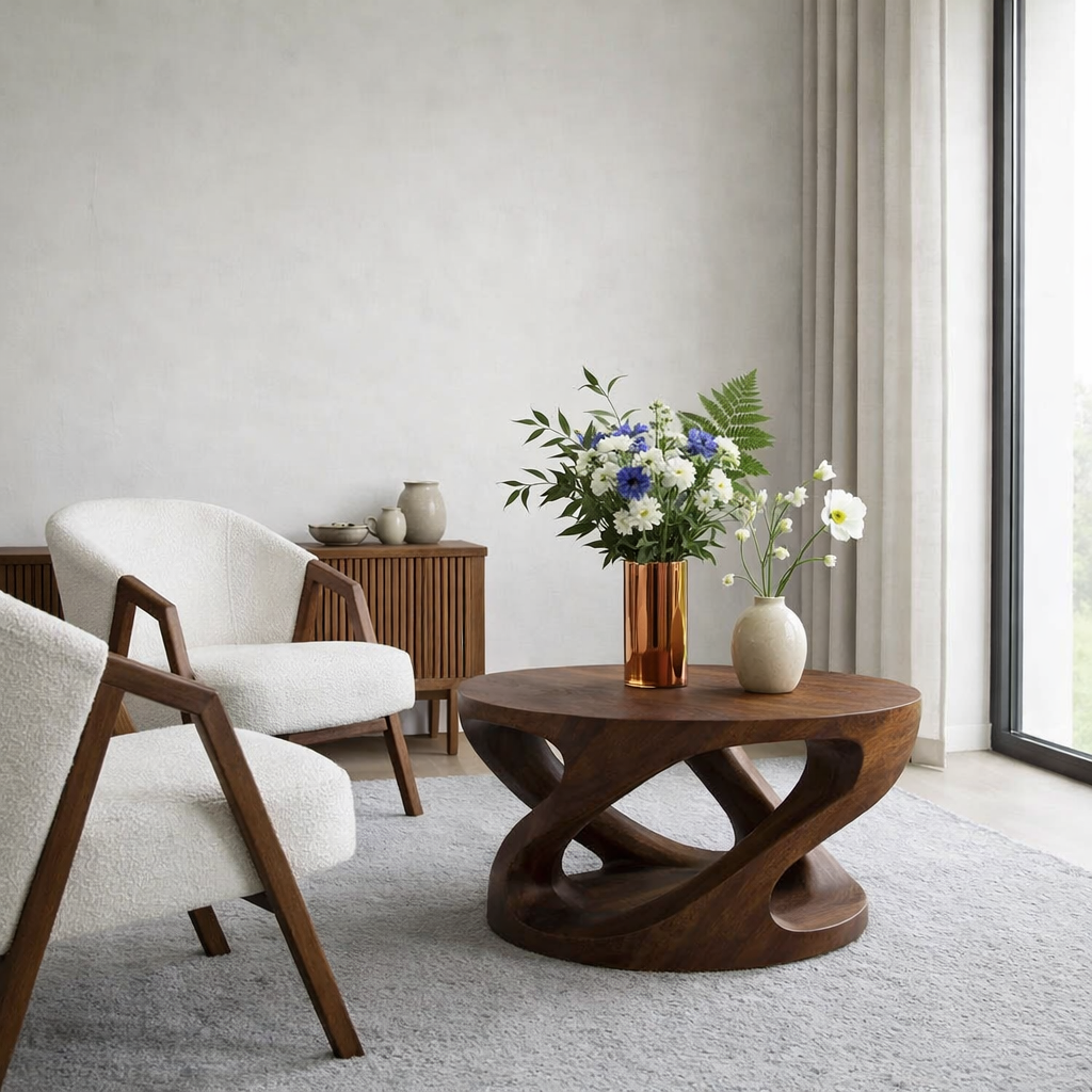 Solid Wood Coffee Table with Sculptural Curved Base