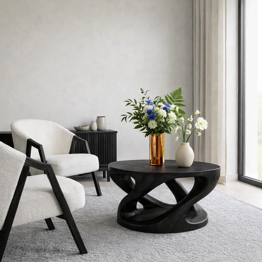 Solid Wood Coffee Table with Sculptural Curved Base