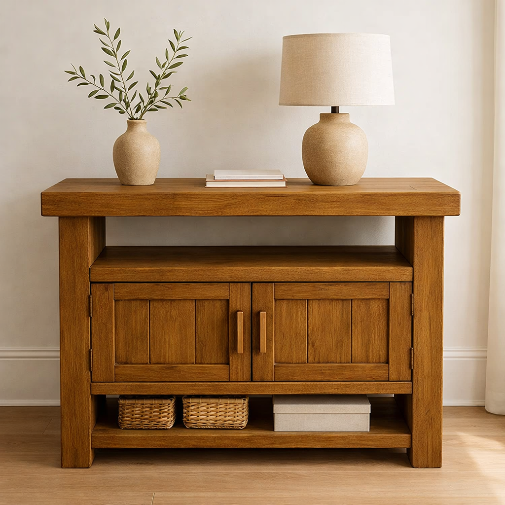 Solid Wood Console Table with Storage and Open Shelf