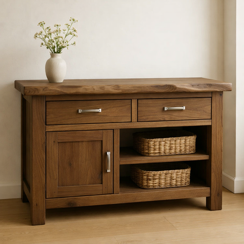 Solid Wood Console Table with 2 Drawers and Open Shelving for Storage