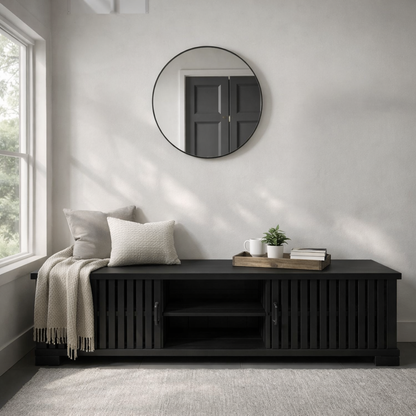 Solid Wood Storage Bench Slatted Doors Low Profile Entryway Bench with Shelf