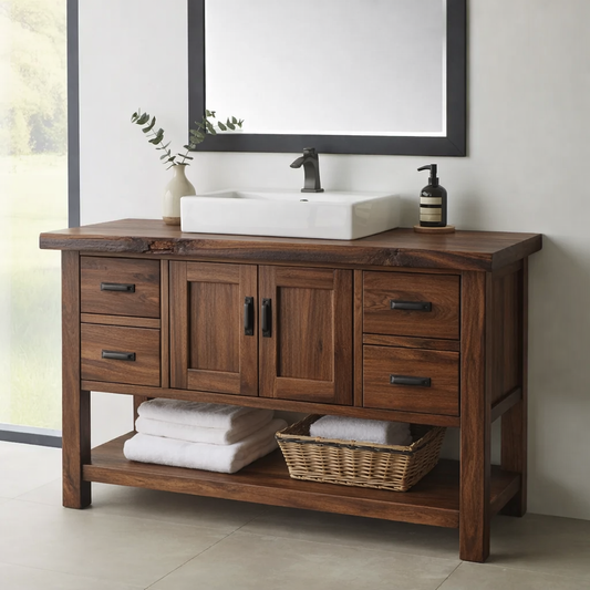 Solid Wood Bathroom Vanity with Drawers, Cabinet Doors & Open Shelf – Rustic Farmhouse Vanity