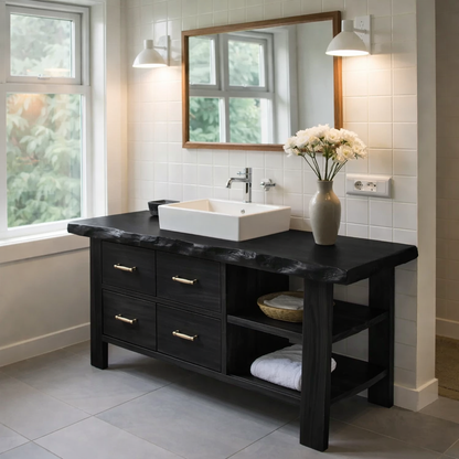 Solid Wood Rustic Bathroom Vanity with Drawers & Open Shelf – Live Edge Vanity Cabinet