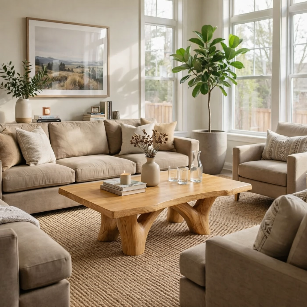 Solid Wood Rustic Coffee Table with Sculpted Base – Live Edge Living Room Coffee Table