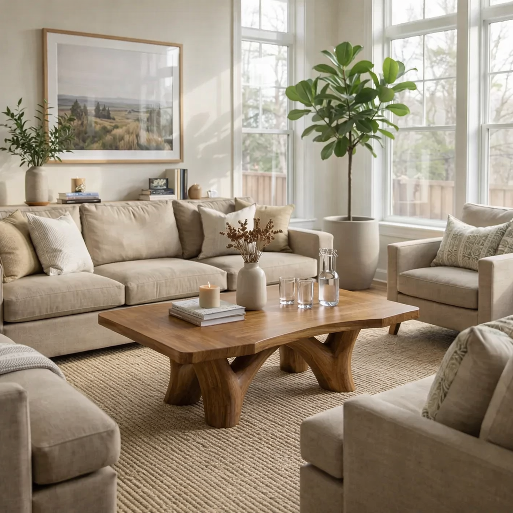 Solid Wood Rustic Coffee Table with Sculpted Base – Live Edge Living Room Coffee Table