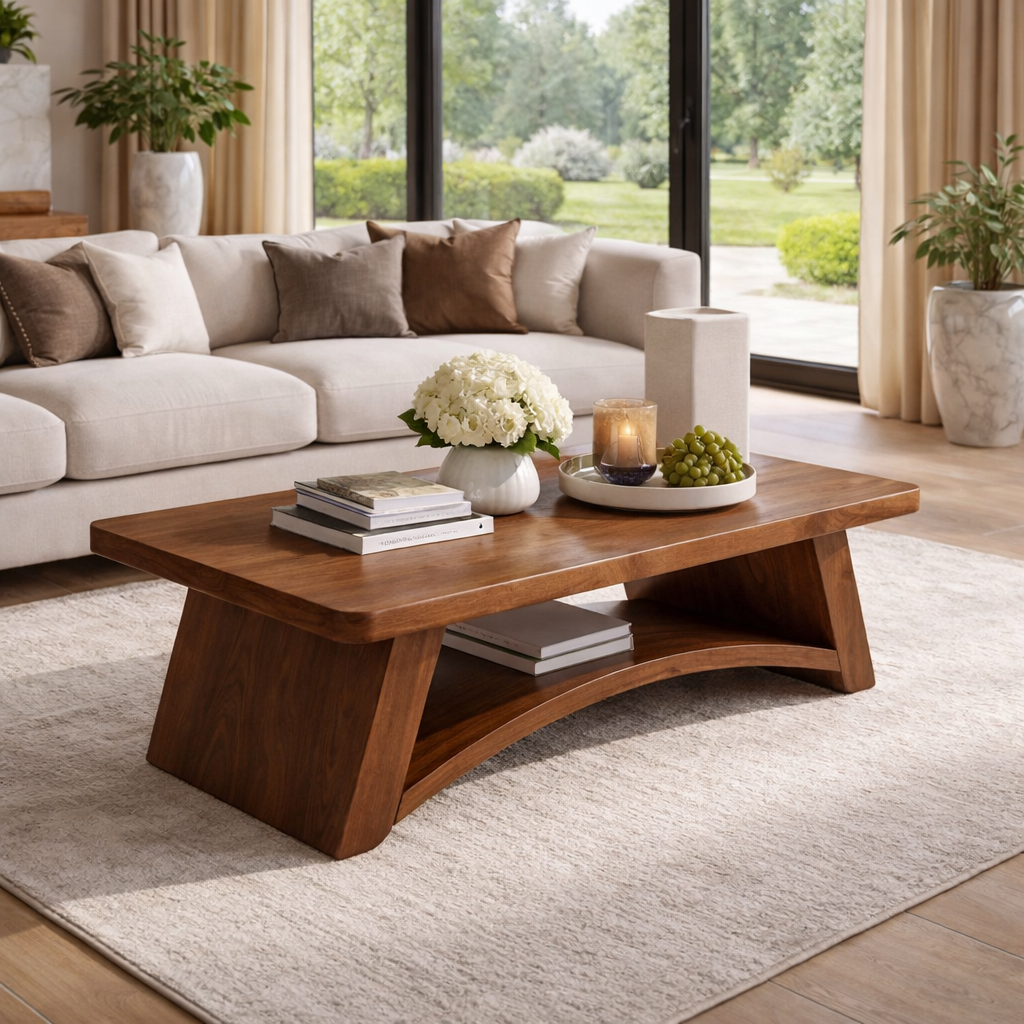 Solid Wood Coffee Table with Sculpted Base and Open Shelf – Rustic Modern Living Room Table