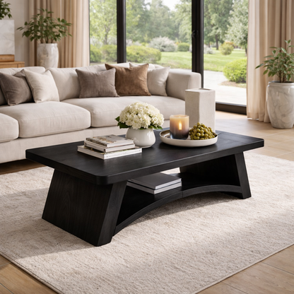 Solid Wood Coffee Table with Sculpted Base and Open Shelf – Rustic Modern Living Room Table
