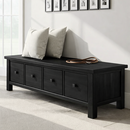 Solid Wood Storage Bench with Drawers – Rustic Entryway Shoe Storage Bench