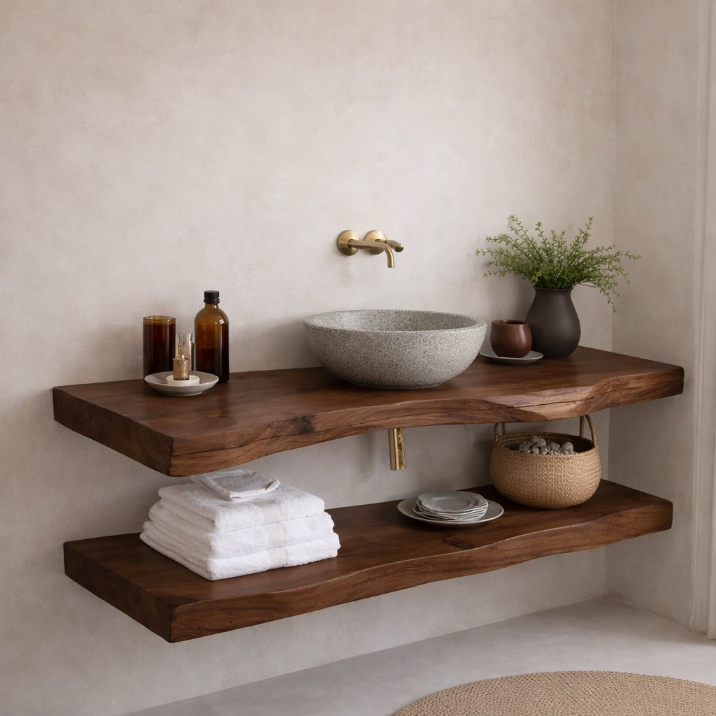 Floating Solid Wood Bathroom Vanity Shelf with Live Edge – Rustic Wall Mounted Vanit