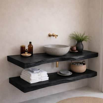 Floating Solid Wood Bathroom Vanity Shelf with Live Edge – Rustic Wall Mounted Vanit