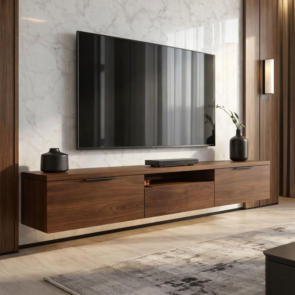 Floating Solid Wood TV Stand with Drawers – Modern Wall Mounted Media Console