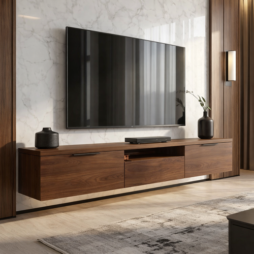 Floating Solid Wood TV Stand with Drawers – Modern Wall Mounted Media Console