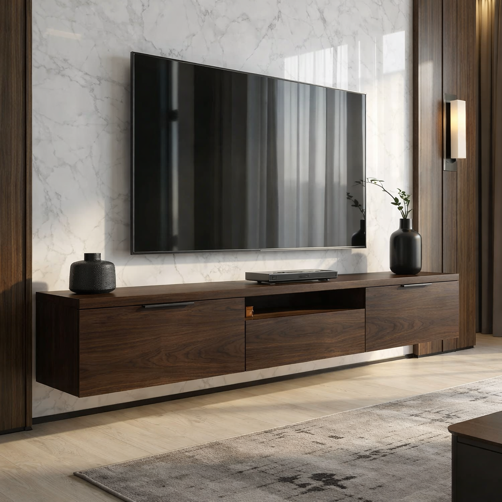 Floating Solid Wood TV Stand with Drawers – Modern Wall Mounted Media Console