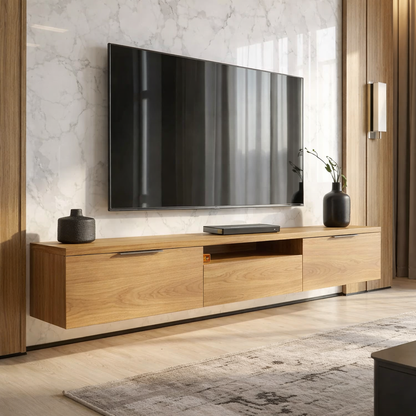 Floating Solid Wood TV Stand with Drawers – Modern Wall Mounted Media Console