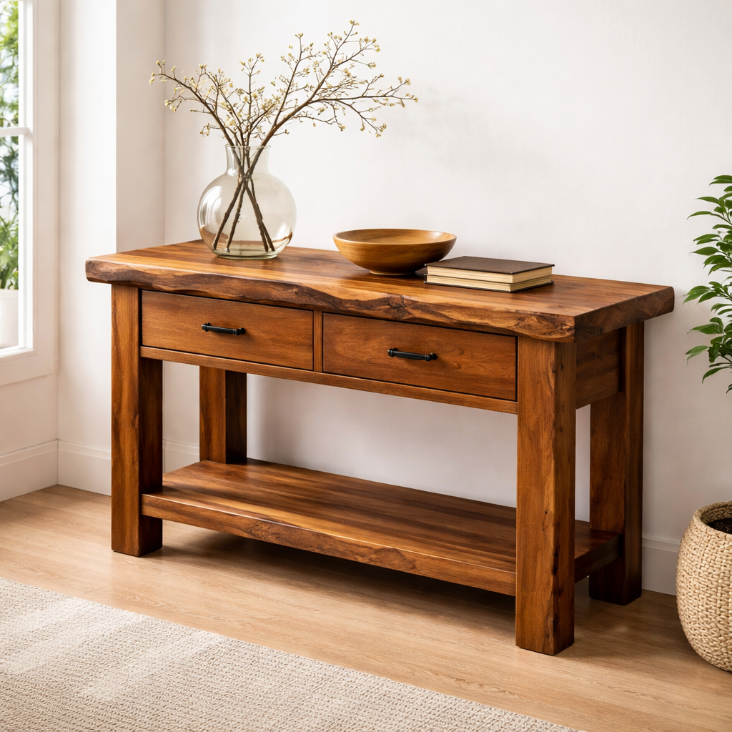 Solid Wood Console Table with Drawers and Shelf