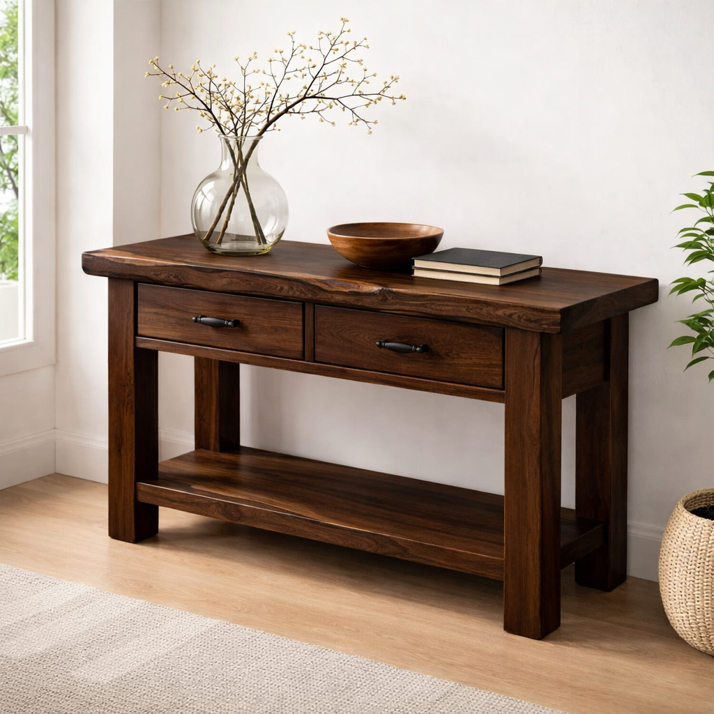Solid Wood Console Table with Drawers and Shelf
