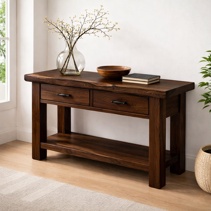 Solid Wood Console Table with Drawers and Shelf