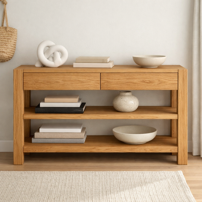 Solid Wood Console Table with Drawers and Shelves – Modern Oak Entryway Storage Table