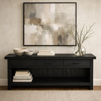 Handcraft Solid Wood Console Table with Drawers and Open Shelf