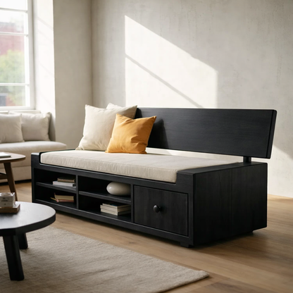Solid Wood Storage Sofa – Walnut Wooden Sofa with Built-in Shelves