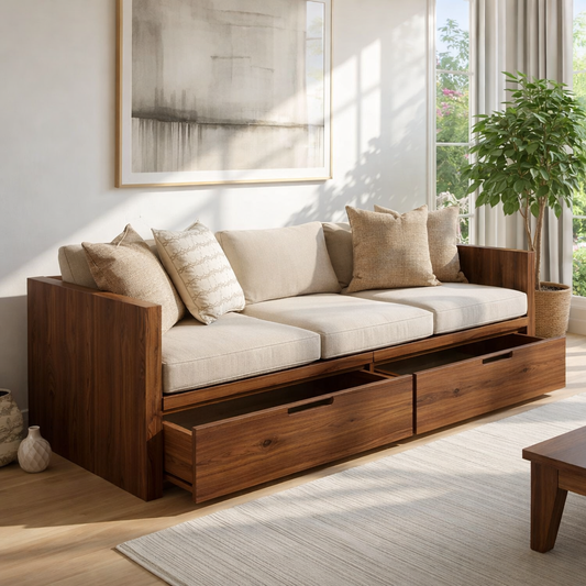 Solid Wood Storage Sofa – Walnut Wooden Sofa with Large Drawers