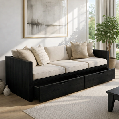 Solid Wood Storage Sofa – Walnut Wooden Sofa with Large Drawers
