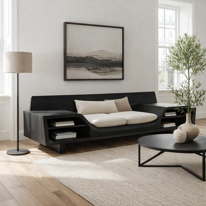 Walnut Solid Wood Sofa with Shelves – Modern Sculptural Wooden Sofa