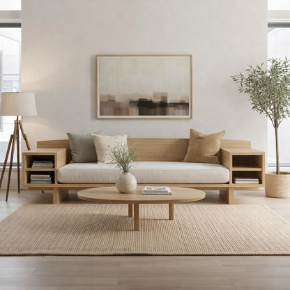 Walnut Solid Wood Sofa with Side Shelves – Modern Wooden Living Room Sofa