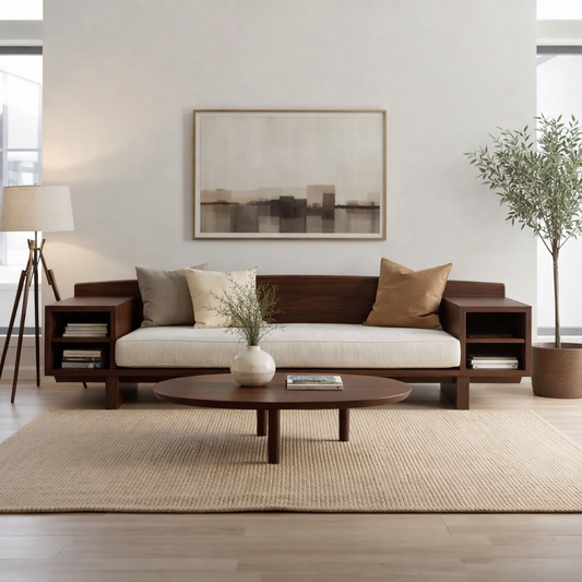 Walnut Solid Wood Sofa with Side Shelves – Modern Wooden Living Room Sofa