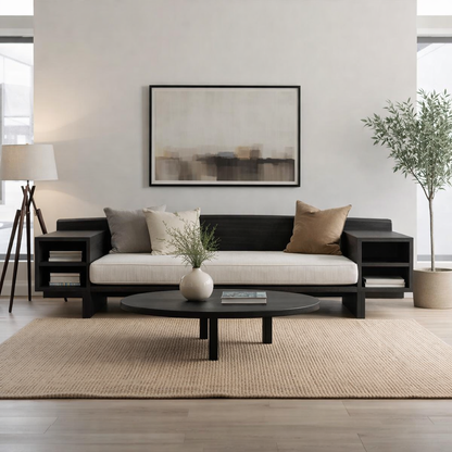 Walnut Solid Wood Sofa with Side Shelves – Modern Wooden Living Room Sofa