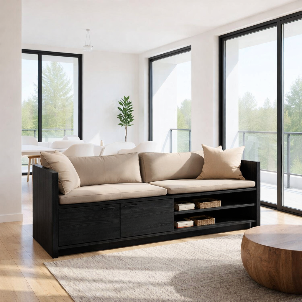 Solid Wood Storage Sofa – Modern Wooden Sofa with Drawer and Shelving